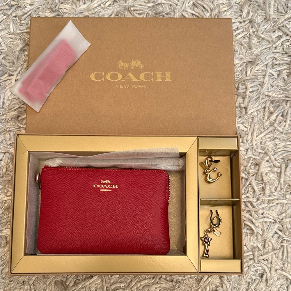 Coach Red Leather Zip Card Pouch wallet wristlet with Gold Charm Accents